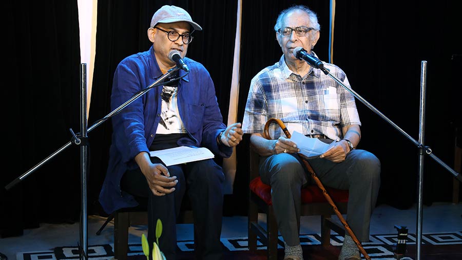 Shantanu Datta (left) and Ian Zachariah told stories of their encounters with Harrison