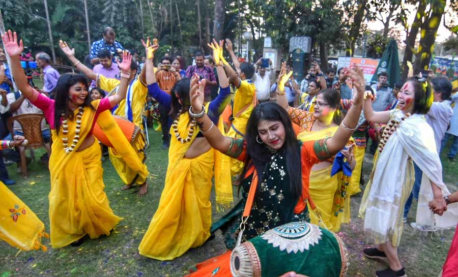Women play with colours at Vasant Utsav organised by the tourism ministry as part of Ek Bharat Shrestha Bharat at Press Club on Friday March 3