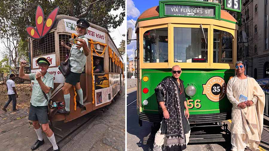 (Left) Tony Graham and Roberto D'Andrea, former Melbourne tram conductors, promote Tramjatra 2023 at Esplanade tram terminus; (right) Indranil Halder (in white) with a friend in front of a tram in Melbourne