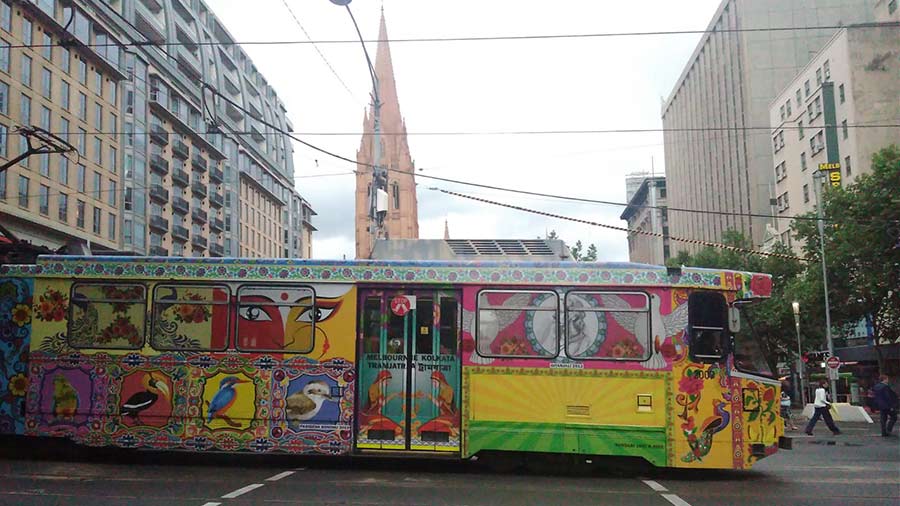 The Melbourne Kolkata Tram Jatra Tram, one of the two special trams launched as part of the 2017-18 Melbourne Festival Arts Trams by the Victorian Government 