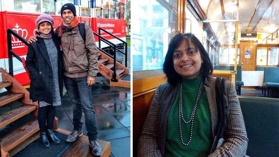  Maneka and husband Navin in front of a heritage tram by Bendigo Tramways, Australasia’s largest tourist tramway; (right) inside the 35 City Circle Tram, free for tourists in Melbourne