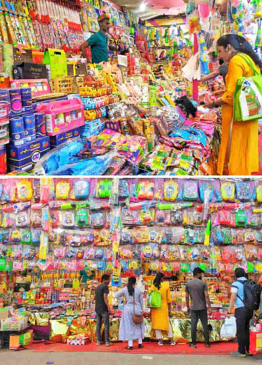 People complete their last-minute shopping at Burrabazar during the last weekend before Holi. Shops are stocked up with ‘pichkaris’, ‘gulaal’ and Holi colours, ready for the deluge of customers for the next few days