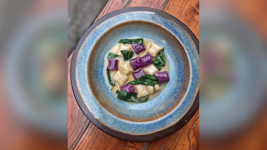 Banalakshmi ghee is one of the most unique and complex ingredients used in the Sienna kitchen, such as this Ranga Aloo Gnocchi with Kurkure Posto and Kolmi Shaak in a Banalakshmi Ghee Sauce 