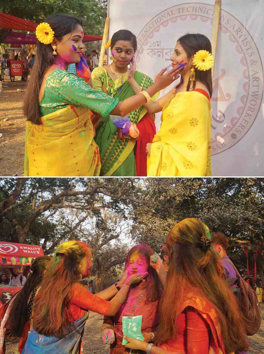 People indulge in some pre-Holi fun at Kolkata Basanta Utsab, an event organised by Association of International Technicians Artists and Art Workers (AITAA) at Maidan on Sunday