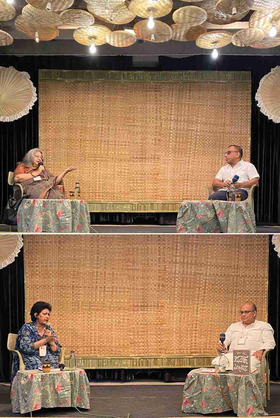 (Top) Translator Arunava Sinha in conversation with Anjum Katyal about the challenges of translating from and into Bengali on Day 3 of the Nabanna Earth Weekend 2023 in Santiniketan. (Above) Political scientist Sumantra Bose talks to Oindrilla Dutt about his late mother Krishna Bose’s book on the life and politics of Netaji Subhas Chandra Bose at the event. The Nabanna Art and Craft Fair will be on till March 13