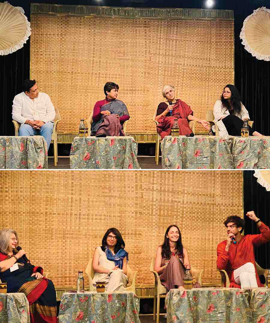 (Top) Handloom expert Amitrasudan Saha, interior designer Minku Tagore and sustainable fashion designer Meghna Nayak in conversation with Ruchira Das about responsible lifestyle choices on Day 2 of Nabanna Earth Weekend 2023. (Above) Authors Sumana Roy, Iryna Vikyrchak and Krisha Kops talk to Anjum Katyal about writing and responding to the world at the event