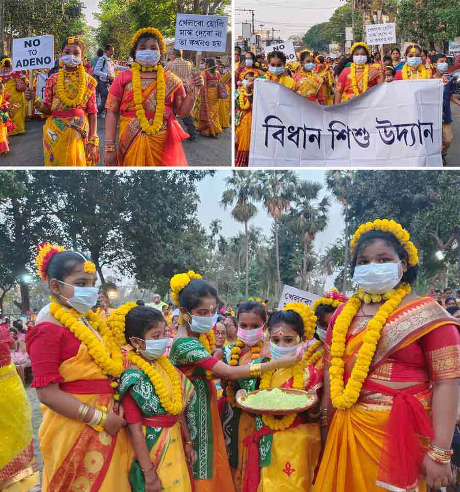 A pre-Holi awareness campaign organised by Bidhan Sishu Udyan on Saturday. Children wearing masks and carrying placards about the need to take necessary precautions amid the spread of Adenovirus made up the rally