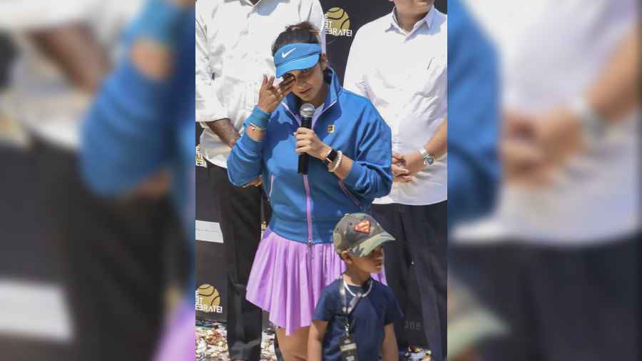 Tennis star Sania Mirza during her farewell at the Lal Bahadur Stadium, in Hyderabad, Sunday, March 5, 2023. Sania announced her retirement from professional tennis earlier this month at the Dubai Tennis Championships.