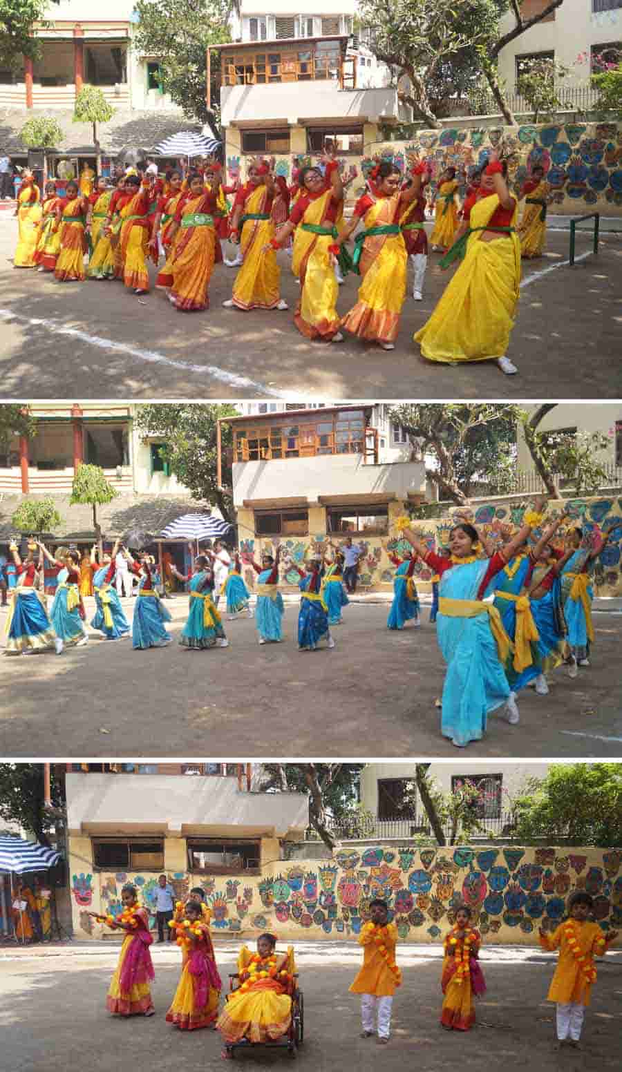 Students of Patha Bhavan (primary section) celebrate Vasant Utsav on Monday. Students of the Indian Institute of Cerebral Palsy (IICP) also performed at Patha Bhavan school