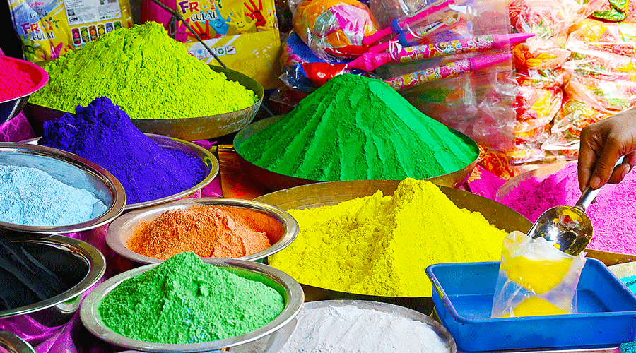 Holi colours being sold in Burrabazar on Monday.