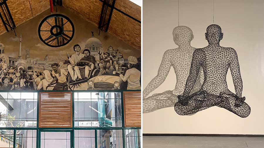 Dalmia’s projects include ‘The Calcutta Mural’ at Monkey Bar and (right) a meditating sculpture by Janarthanan Rudhramoorthy for Century Ply’s Kolkata office 