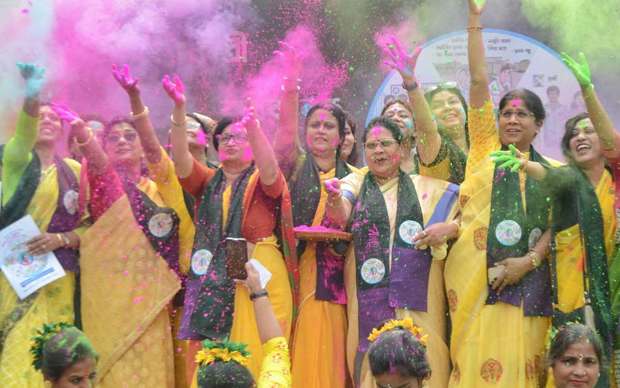 Women ministers of West Bengal got together to celebrate the festival of colours at Esplanade on Wednesday   