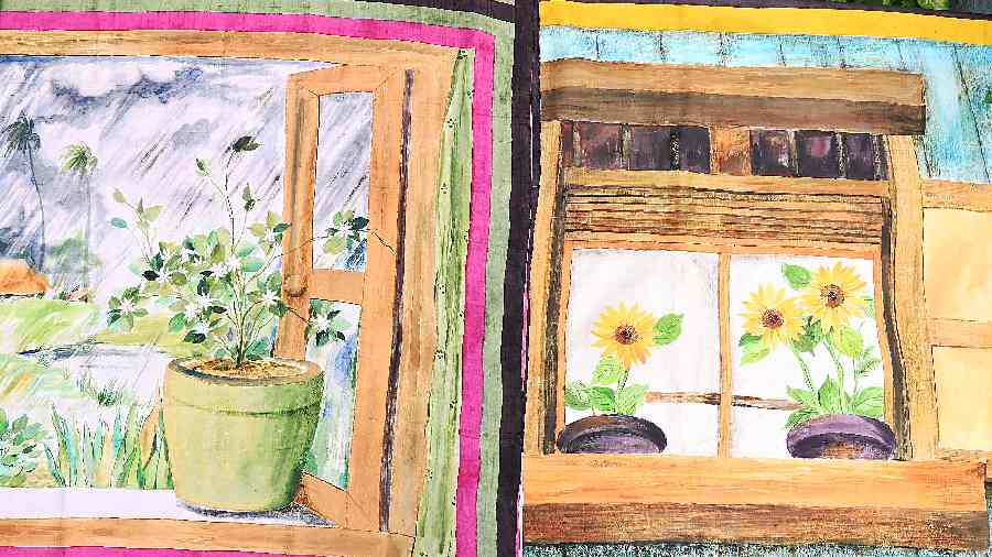 The silk saris are an absolute visual pleasure. The monsoon sari (left) with the painting of tall coconut trees swaying in the wind as dark monsoon clouds appear in the sky induces a sense of tranquillity that one experiences while watching the rain outside from the window. The summer sari (right) plays with bold, beautiful and typical summer colours like yellow, shown through the sunflowers.