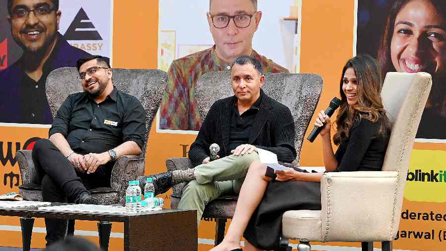 Sagar Daryani, founder of Wow! Momo, and Vivek Sahni, founder of Kama Ayurveda, in conversation with Arpita Agarwal, east head of Blinkit