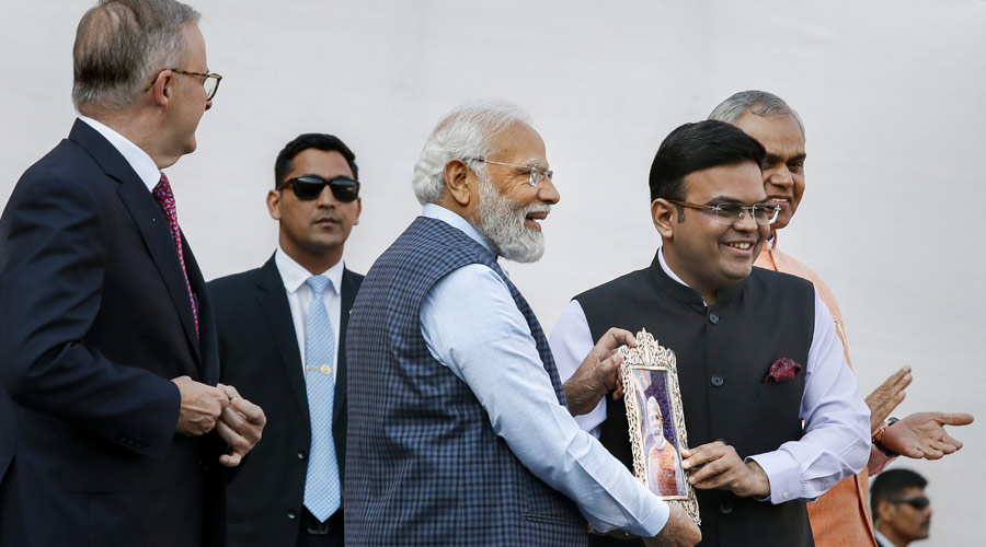 Prime Minister Narendra Modi being presented a memento by BCCI Secretary Jay Shah before the start of the fourth test cricket match between India and Australia, at Narendra Modi stadium in Ahmedabad. Australian Prime Minister Anthony Albanese and Gujarat Governor Acharya Devvrat are also seen.