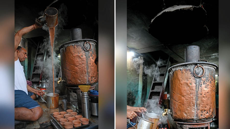 Chai in the making at the shop and (right) the 100-year-old samovar