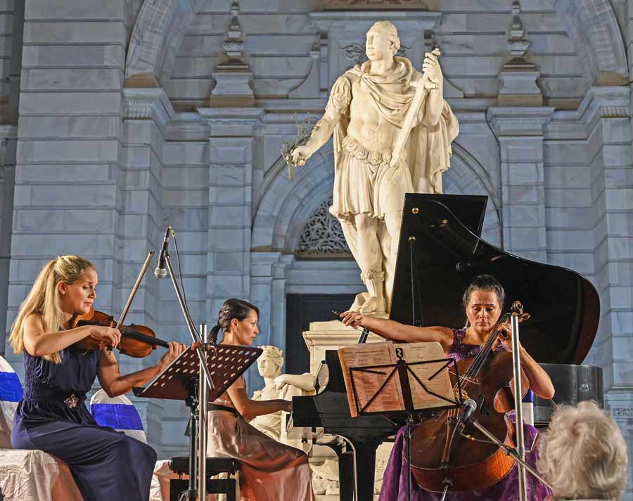 (L-R): Marie Radauer-Plank on the violin, Kim Barbier on the piano and Iseut Chuat on the cello, as part of a special Women’s Day concert on March 6 at the Victoria Memorial Hall, organised by Alliance Francaise du Bengale, in collaboration with the ministry of culture, Government of India, and the French consulate general in Kolkata. The performance was a tribute to three gifted but often overlooked 19th and 20th century French female composers — Mel Bonis, Germaine Tailleferre and Louise Farrenc — and marked the climax to the series of five concerts of French classical music that began in the city last November. The series had previously featured pianists Maxime Zecchini, Alessandro Commellato, Philippe Engel and Nadine Jo Crasto, opera singer Paul Gaugler, oboist Theirry Benoit and violinist Ambre Palusci 