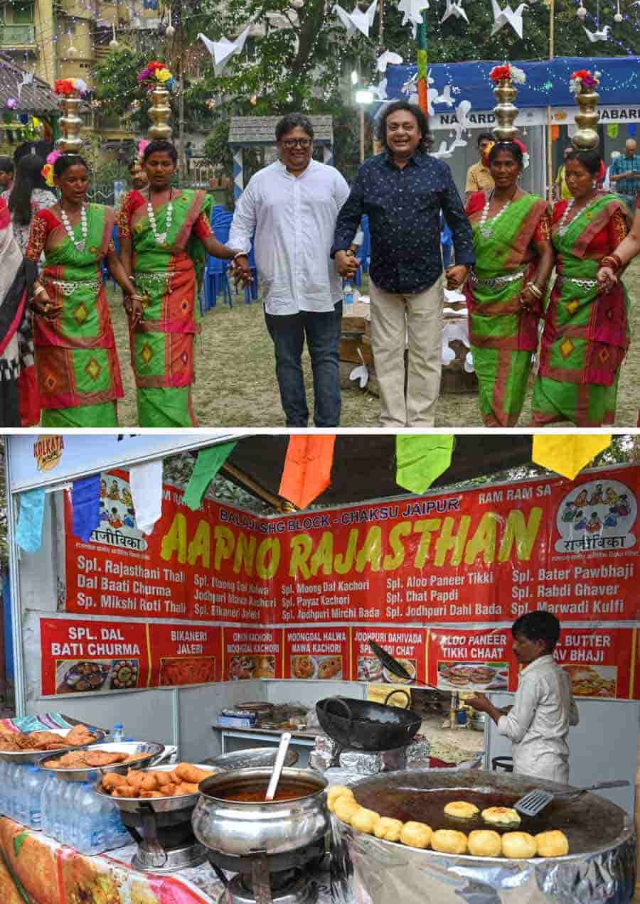 Musician Tanmoy Bose and filmmaker Aniruddha Roy Chowdhury at the inauguration of Kolkata Carnival at Triangular Park on Friday. (Below) Rajasthani delicacies being prepared at a food stall at the carnival  