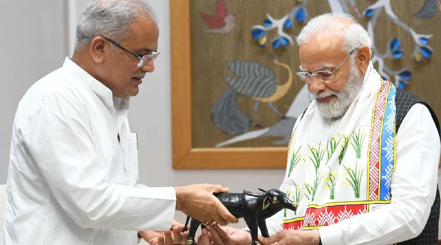 Bhupesh Baghel presents a replica of the Indian Wild Buffalo to Prime Minister Modi