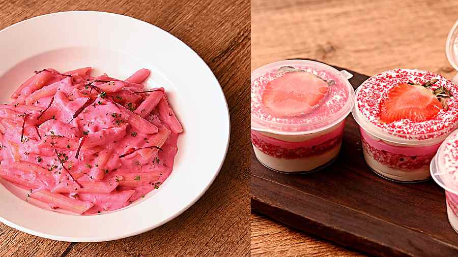 (l-r)Classic Penne Pasta tossed with bechamel sauce and beetroot is yum, True Indo-American collaboration happens in this Rabri Gulkand Cheesecake