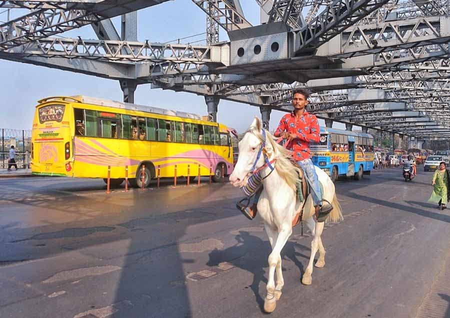 Amid traffic on a busy Howrah Bridge, a man enjoys a horse ride on Saturday afternoon  
