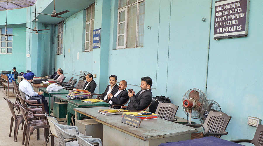 Empty chairs at the Jammu and Kashmir High Court complex in Jammu on Saturday after the lawyers’ association announced a suspension of work in support of a bandh call against the imposition of property tax in the Union Territory.