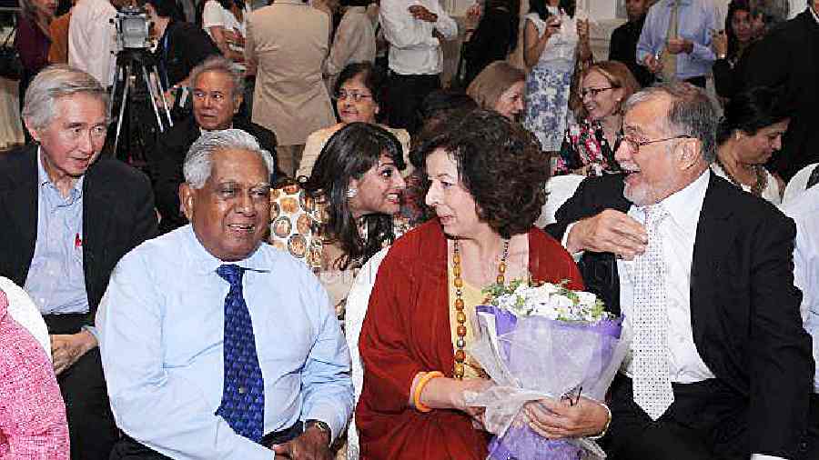 Meira Chand with Singapore president S.R. Nathan on her right, and her husband Kumar Chand on her left at the launch of A Different Sky.  Picture courtesy Meira Chand