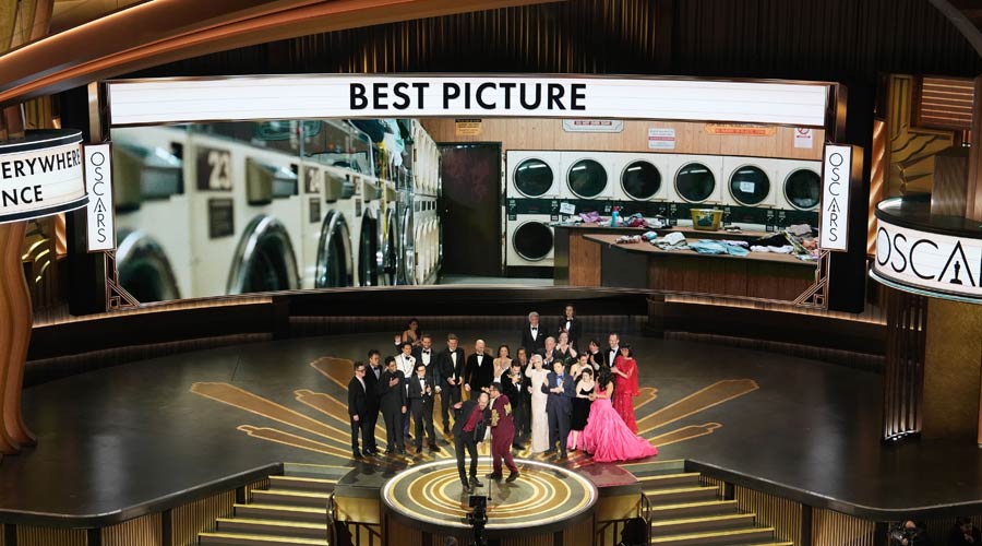 Jonathan Wang speaks after “Everything Everywhere All at Once” won the award for best picture at the 95th Academy Awards at the Dolby Theatre in Los Angeles.
