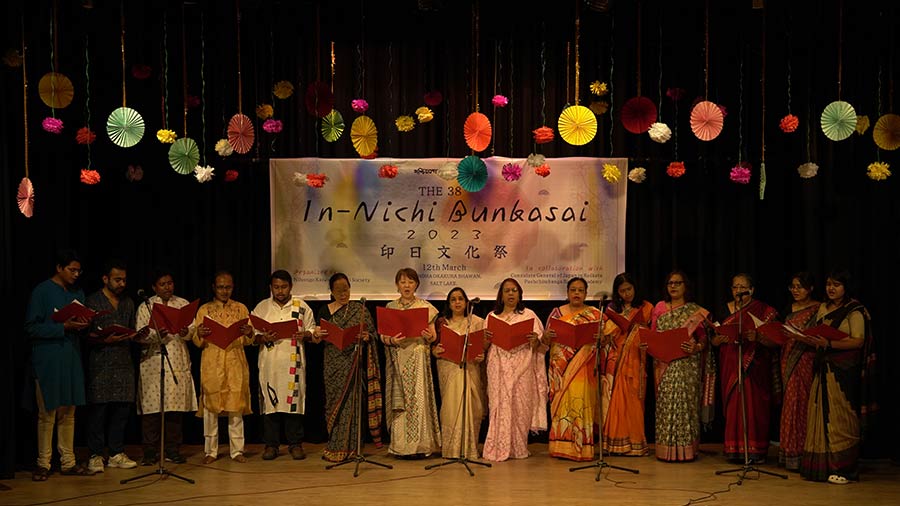 A group song being sung at the event. The group was joined by Mrs Nakagawa, wife of the Consul General Of Japan in Kolkata