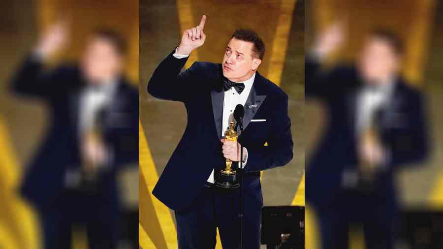 Brendan Fraser delivering an emotional speech