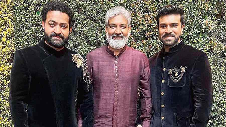 Team RRR — Jr NTR, SS Rajamouli and Ram Charan — at the Oscars