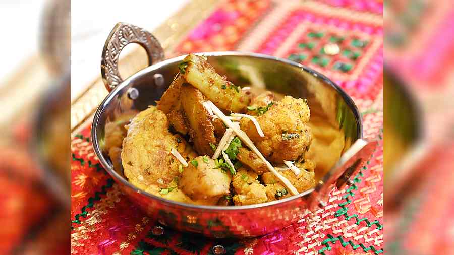 Gobhi Aloo Danthal: A popular everyday veggie preparation. Here not just the florets of cauliflower but also the stem is used, which has a distinctive flavour of its own