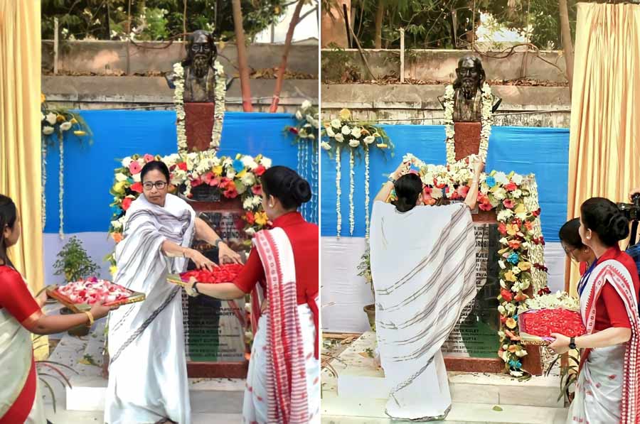 Chief minister Mamata Banerjee at a programme organised as part of the sesquicentennial (150th) birth anniversary celebrations of Rishi Aurobindo at Alipore Judges Court compound on Tuesday      