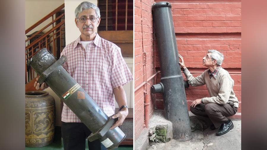 Holding the shell of Bofors cannons and (right) inspecting a cannon at the Indian Museum 
