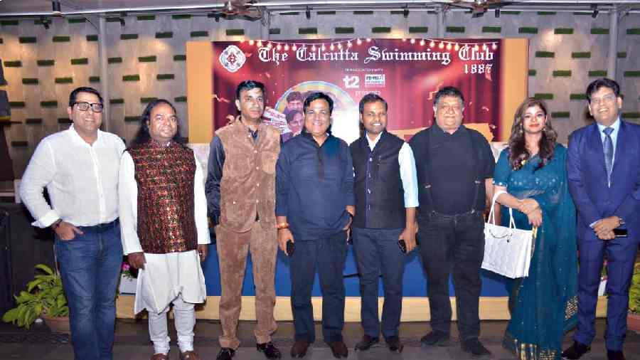 Mahesh Punjabi (extreme left) with participants of CSC Hasya Kavi Sammelan 2023. (From left) Shambhu Shikar, Munna Battery, Sanjay Jhala, Chirag Jain, Dipak Agarwal (entertainment co-chairman), Padmini Sharma and Gaurav Sharma. 