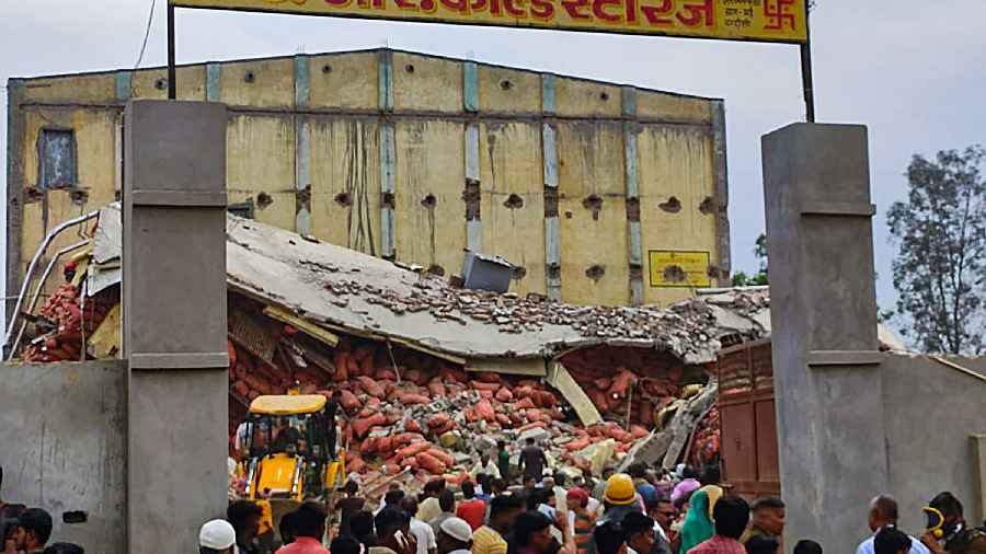 Rescue work underway after the roof of a cold storage collapsed in Chandausi area of Sambhal district in Uttar Pradesh