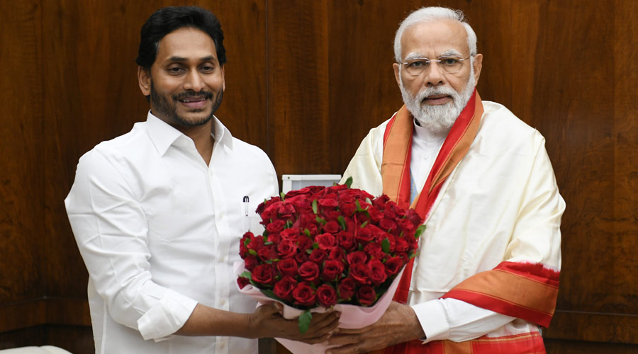 Prime Minister Narendra Modi being greeted by Andhra Pradesh Chief Minister Jagan Mohan Reddy at a meeting in New Delhi