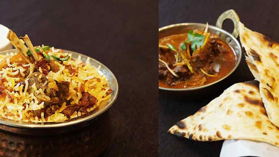 (l-r)Succulent pieces of mutton and caramelised onions cooked with potatoes and spices for that Calcutta-style biryani, Indulge in the goodness of traditional spices in this Mutton Roganjosh. Pair it with butter naan or khamiri roti