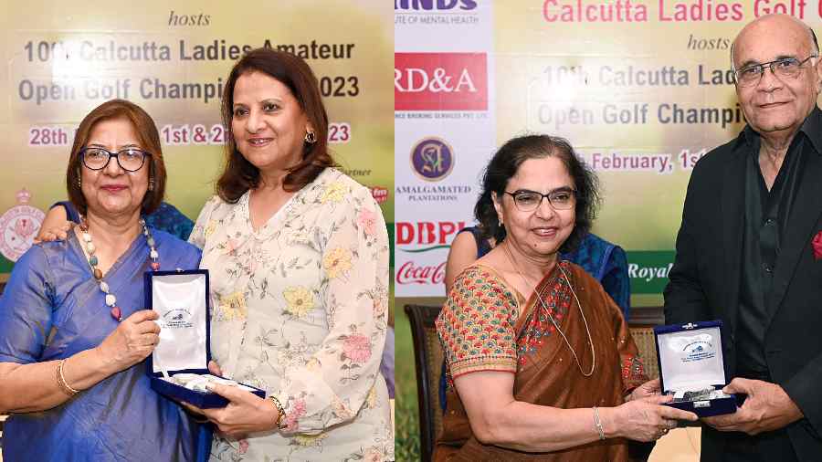 Winner of the senior prize for 9 holes, Mamta Bhargav (right) received her award from past president of Calcutta Ladies Golf Club, Debjani Dasgupta, Gynaecologist and avid golfer Dr Madhumita Das received the bogey winner prize from former managing director of Goodricke, Krupa David