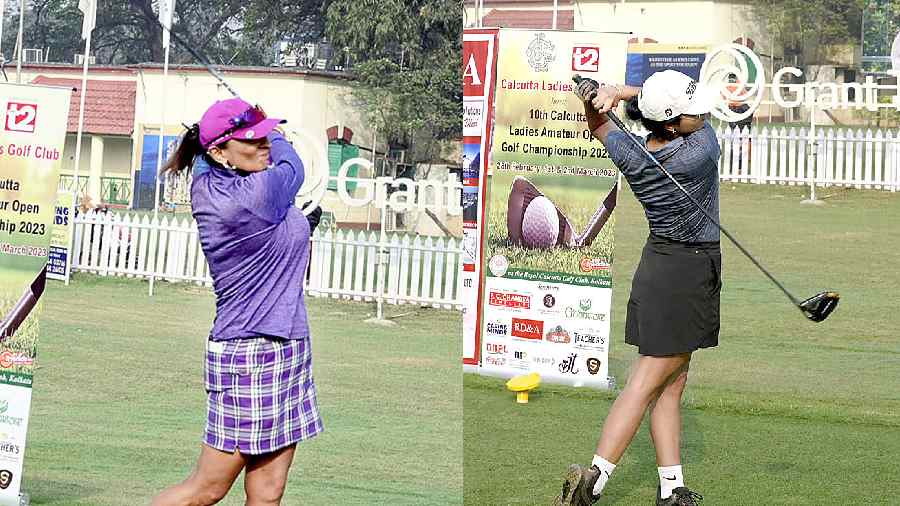 (l-r)Best Nett Over 54 Holes Handicap winner Sheena Rawla tees off on the greens on the last day of play at Royal Calcutta Golf Club, Best Gross Over 54 Holes Handicap winner Yaalisai Verma in action on the final day of play at Calcutta Ladies Amateur Open Golf Championship