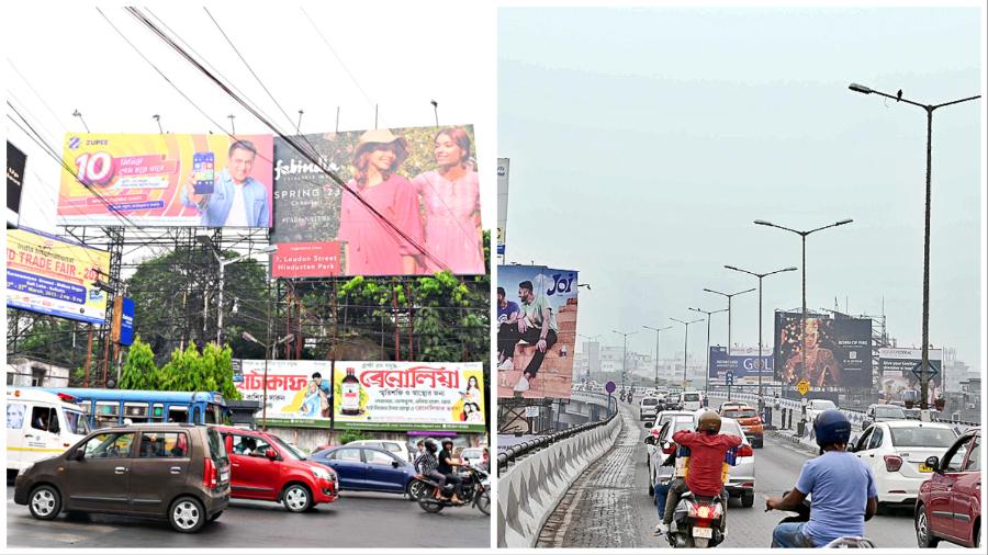 Hoardings at the crossing of Mallikbazar and Park Street and (right) along the Parama flyover on Saturday