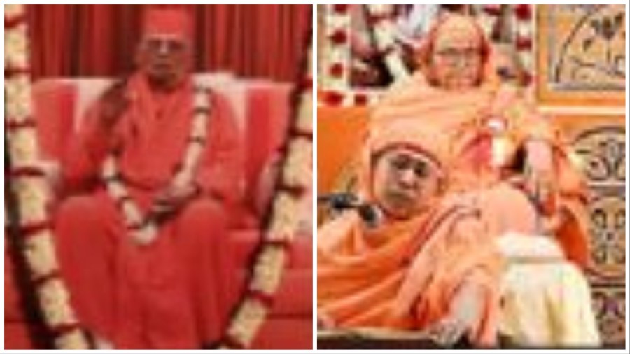A portrait of Swami Atmasthananda at Sunday’s event (left); Pravrajika Amalaprana (seated), general secretary of the Sri Sarada Math, at Sunday’s event
