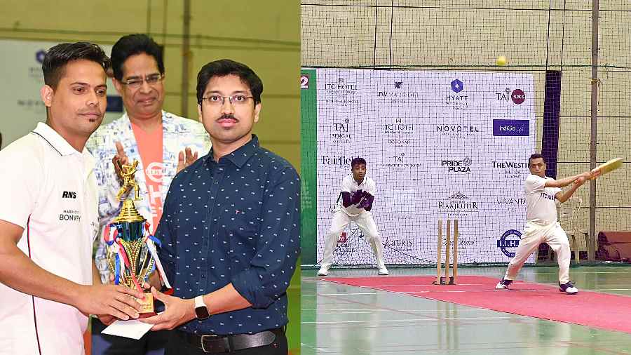 (L-R) Saharouf, from team JW Marriott Kolkata, won the Best Batsman ofthe Series title, A glimpse of the second semi-final between teams JW Marriott Kolkata and ITC Sonar. Defending champions of the cup, JW Marriott Kolkata, went on to win this match scoring 147 in reply to ITC Sonar’s 89 runs