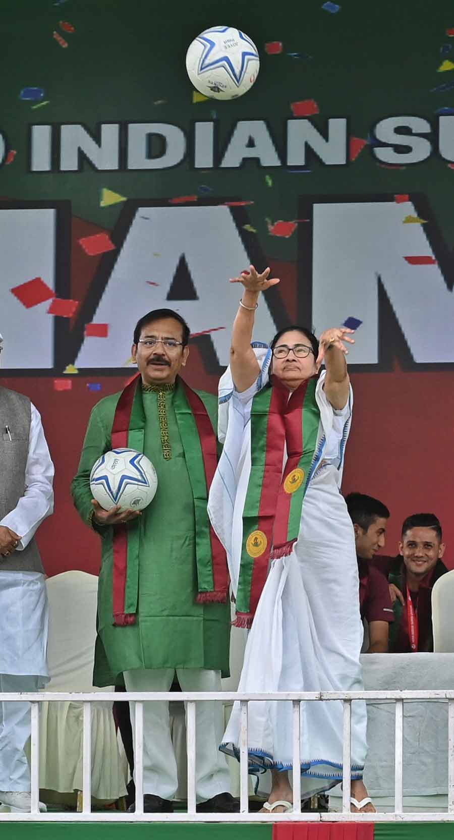 State Sports Minister Aroop Biswas and club president Swapan Sadhan Bose were also present at the programme. She also flung autographed footballs at club supporters. 