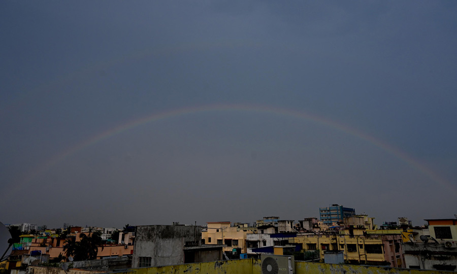 A rainbow adorned Kolkata sky on Tuesday afternoon amid the rain and clouds  