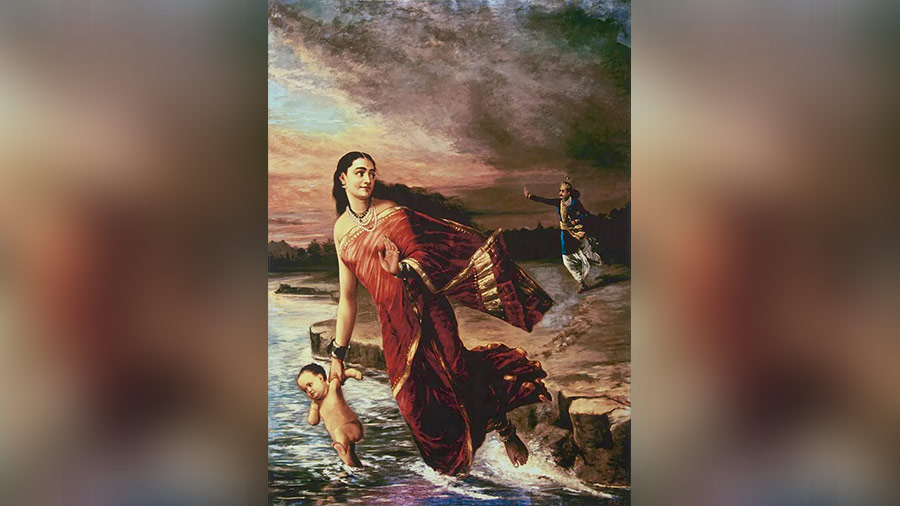 Shantanu stops Ganga from drowning their eighth child, in this painting by Raja Ravi Varma 
