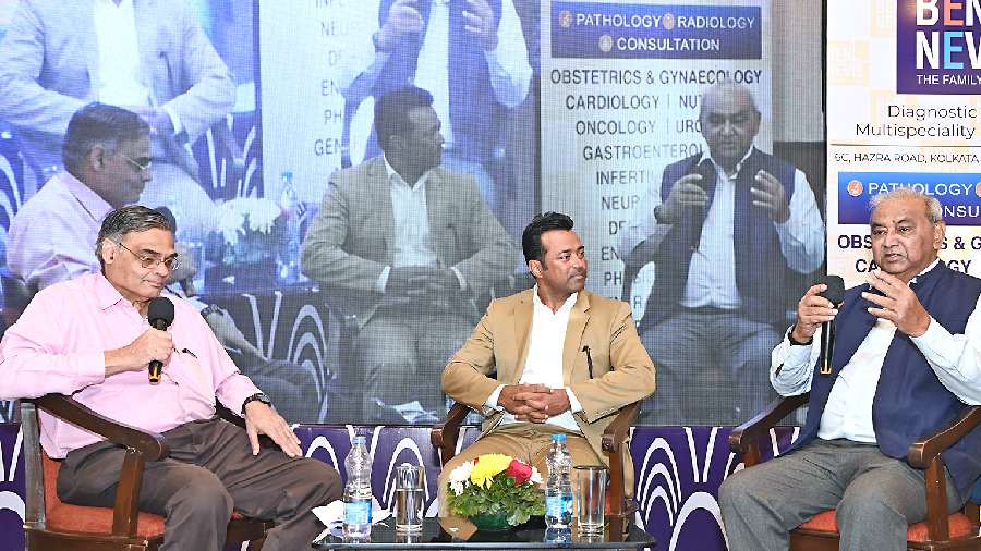 Leander Paes (centre) with Dr Sandip Chatterjee (left) and Dr Vece Peas, during the talk at The Bengal Club.