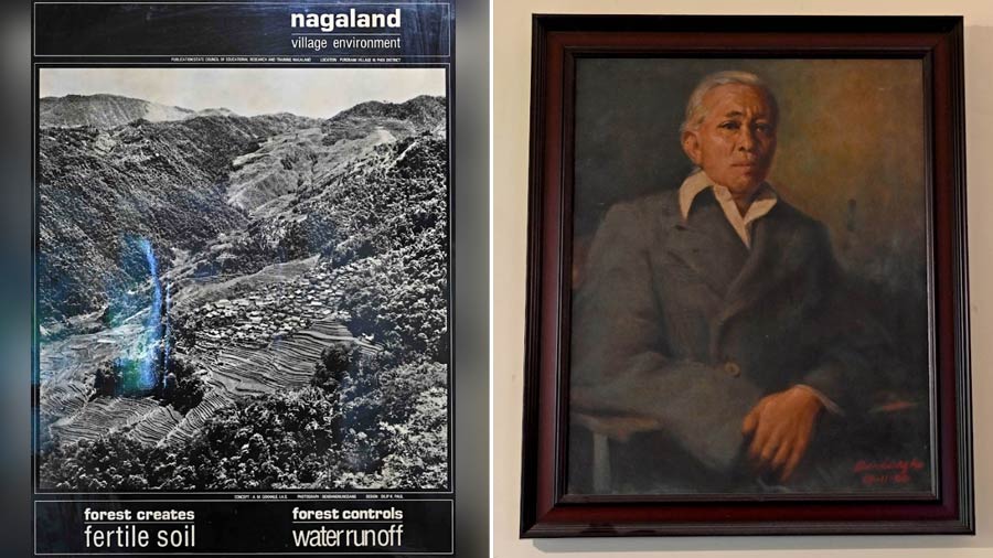The photograph Bendangnungsang took of Purobami village in Nagaland, which earned the Canada government’s grant and (right) the oil painting he made of his father, Anang Ao