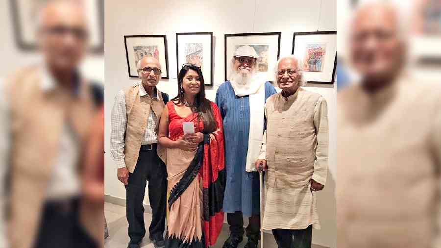 Swagata with eminent art historian, art critic and curator Prasanta Daw, sculptor Tarak Garai and Aditya Sen