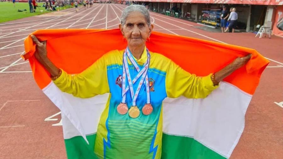 Bhagwani Devi Dagar with her gold medal and two bronze medals in Finland last year